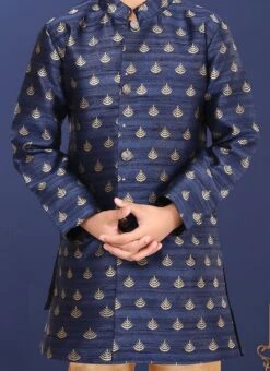 Navy Blue Jacquard Silk Boys Indowestern Sherwani