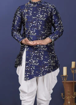 Navy Blue Jacquard Silk Indowestern Sherwani Wedding Wear
