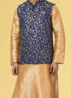 Navy Blue Jacquard Silk Nehru Jacket