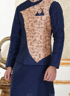 Navy Blue N Pink Art Silk Jacquard Bandhgala Jacket