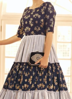 Navy Blue N White Georgette Foil Printed Anarkali Gown After Six Wear
