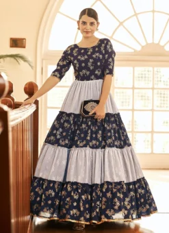 Navy Blue N White Georgette Foil Printed Anarkali Gown After Six Wear -Mahra Clothing Shop navy blue n white georgette foil printed anarkali gown bgwsom4705 u