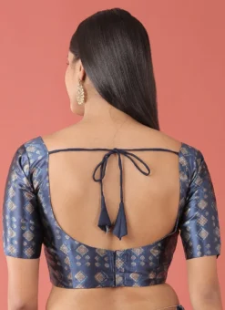 Navy Blue Polyster Printed Readymade Blouse Party Wear -Mahra Clothing Shop navy blue polyster printed readymade blouse blspfb205nb b