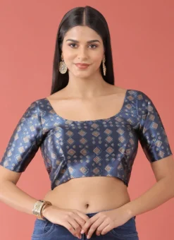 Navy Blue Polyster Printed Readymade Blouse Party Wear -Mahra Clothing Shop navy blue polyster printed readymade blouse blspfb205nb u