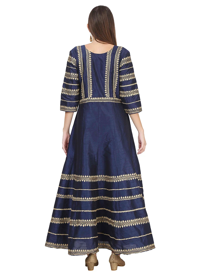 Navy Blue Raw Silk Embroidery Anarkali Suit Party Wear 4 Navy Blue Raw Silk Embroidery Anarkali Suit Party Wear - Image 4