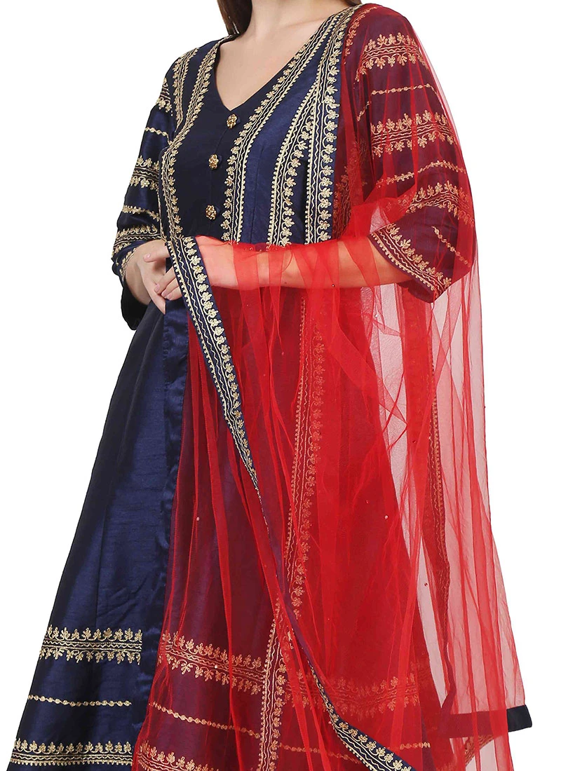Navy Blue Raw Silk Embroidery Anarkali Suit Party Wear 1 Navy Blue Raw Silk Embroidery Anarkali Suit Party Wear
