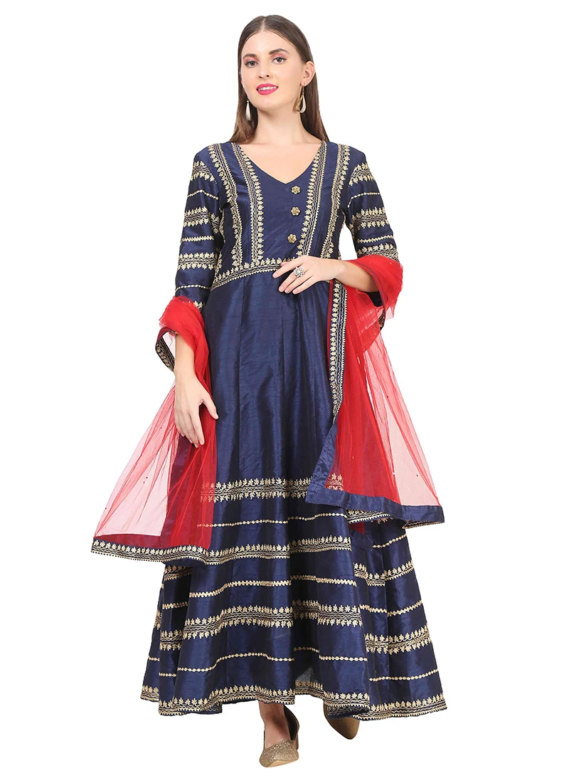 Navy Blue Raw Silk Embroidery Anarkali Suit Party Wear 3 Navy Blue Raw Silk Embroidery Anarkali Suit Party Wear - Image 3