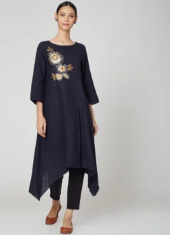 Navy Blue Rayon Slub Kurta Straight Pant Set Work Wear -Mahra Clothing Shop navy blue rayon slub kurta straight pant set krsdvcsvts14 u