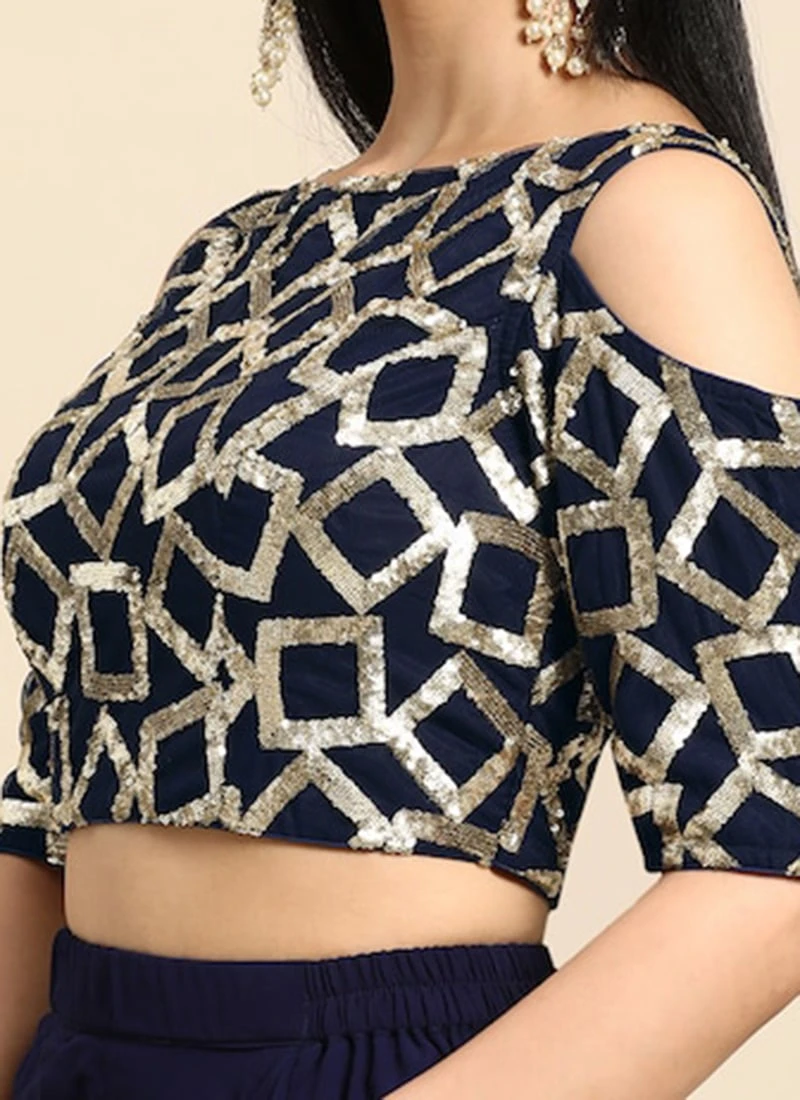 Navy Blue Sequins Net Cold Shoulder Blouse Festive Wear 1 Navy Blue Sequins Net Cold Shoulder Blouse Festive Wear