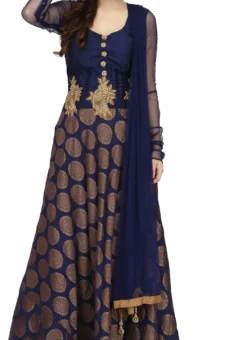 Navy Blue Silk Brocade Anarkali Suit Party Wear