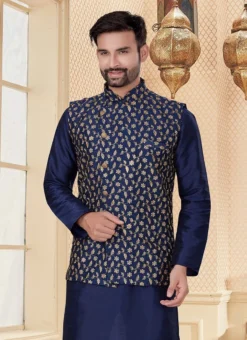 Navy Blue Silk Dupion Kurta Pyjama With Jacket Party Wear -Mahra Clothing Shop navy blue silk dupion kurta pyjama with jacket kpssgr1225 b