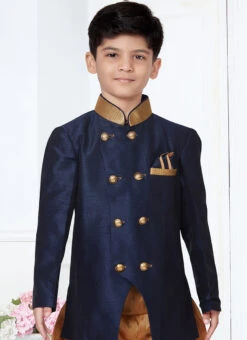 Navy Blue Silk Indowestern Sherwani Party Wear -Mahra Clothing Shop navy blue silk indowestern sherwani kdbmsgr506 b