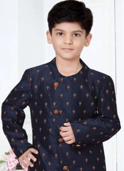 Navy Blue Silk Jacquard Indowestern Sherwani Party Wear -Mahra Clothing Shop navy blue silk jacquard indowestern sherwani kdbmsgr509 b