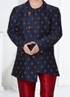 Navy Blue Silk Jacquard Indowestern Sherwani Party Wear