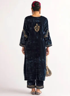 Navy Blue Velvet Embroidered Straight Pant Suit Party Wear -Mahra Clothing Shop navy blue velvet embroidered straight pant suit krdvc27 b