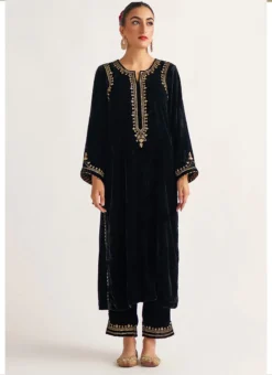 Navy Blue Velvet Embroidered Straight Pant Suit Party Wear -Mahra Clothing Shop navy blue velvet embroidered straight pant suit krdvc27 u