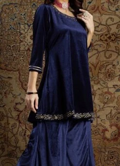 Navy Blue Velvet Emrboidered Kurta Palazzo Set Work Wear
