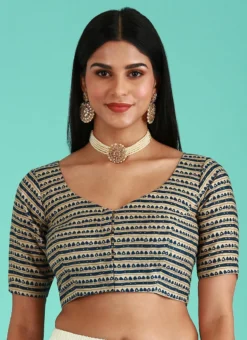 Navy Blue Viscose Rayon Printed Readymade Blouse Party Wear -Mahra Clothing Shop navy blue viscose rayon printed readymade blouse blspfb222nb u