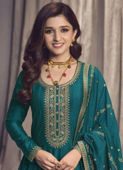 Nidhi Shah Rama Green Art Silk Embroidered Anarkali Suit Party Wear -Mahra Clothing Shop nidhi shah rama green art silk embroidered anarkali suit slsrf26581 b