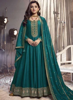 Nidhi Shah Rama Green Art Silk Embroidered Anarkali Suit Party Wear -Mahra Clothing Shop nidhi shah rama green art silk embroidered anarkali suit slsrf26581 u