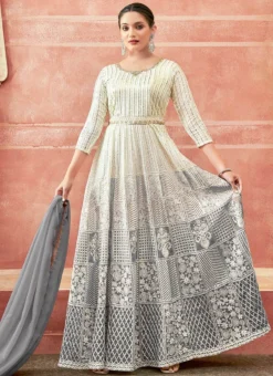Off White And Grey Faux Georgette Embroidered Gown Party Wear -Mahra Clothing Shop off white and grey faux georgette embroidered gown slska47512039 u