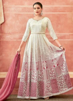 Off White And Pink Faux Georgette Embroidered Gown Party Wear -Mahra Clothing Shop off white and pink faux georgette embroidered gown slska47512035 u