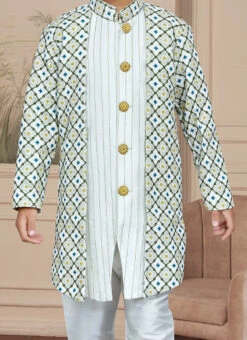 Off White Art Silk Embroidered Indowestern Sherwani For Boys Festive Wear