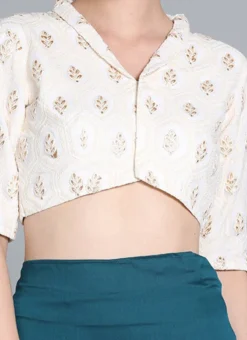 Off White Embroidered Collar Neck Blouse Festive Wear