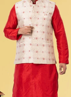 Off White Jacquard Silk Nehru Jacket