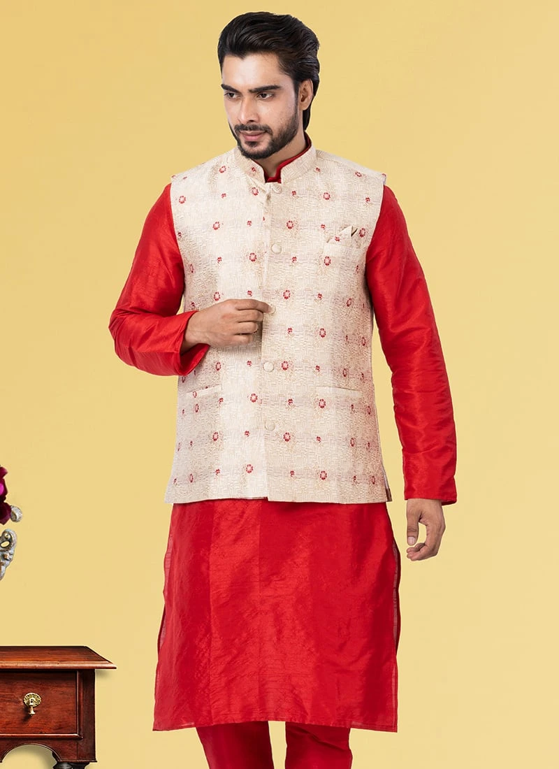 Off White Jacquard Silk Nehru Jacket 2 Off White Jacquard Silk Nehru Jacket - Image 2