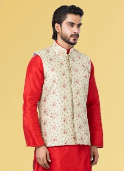 Off White Jacquard Silk Pattern Nehru Jacket -Mahra Clothing Shop off white jacquard silk pattern nehru jacket jmkkvs470 b
