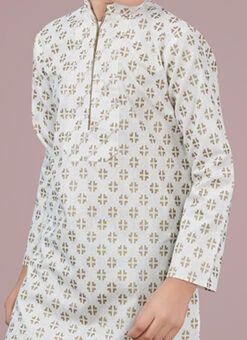 Off White Printed Cotton Silk Boys Kurta Pyjama