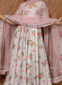 Off White Pure Chanderi Cotton Printed Work Anarkali Suit Party Wear