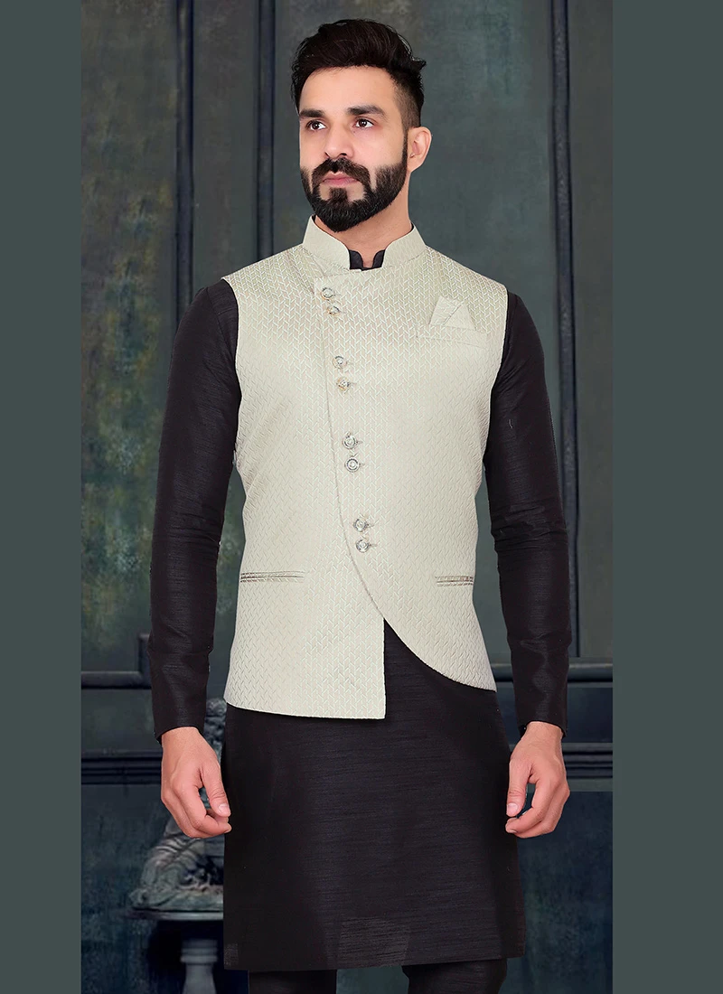 Off White Silk Jacquard Work Nehru Jacket 3 Off White Silk Jacquard Work Nehru Jacket - Image 3