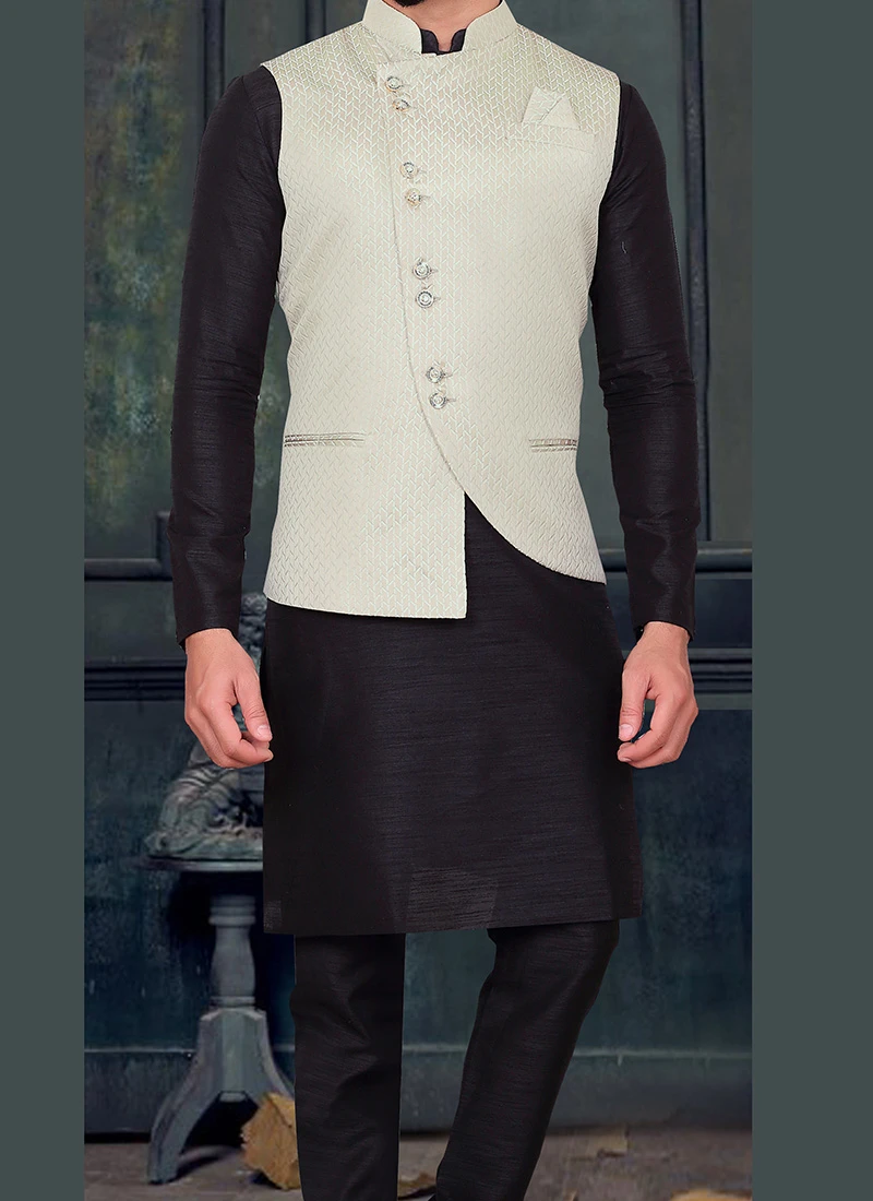 Off White Silk Jacquard Work Nehru Jacket 1 Off White Silk Jacquard Work Nehru Jacket