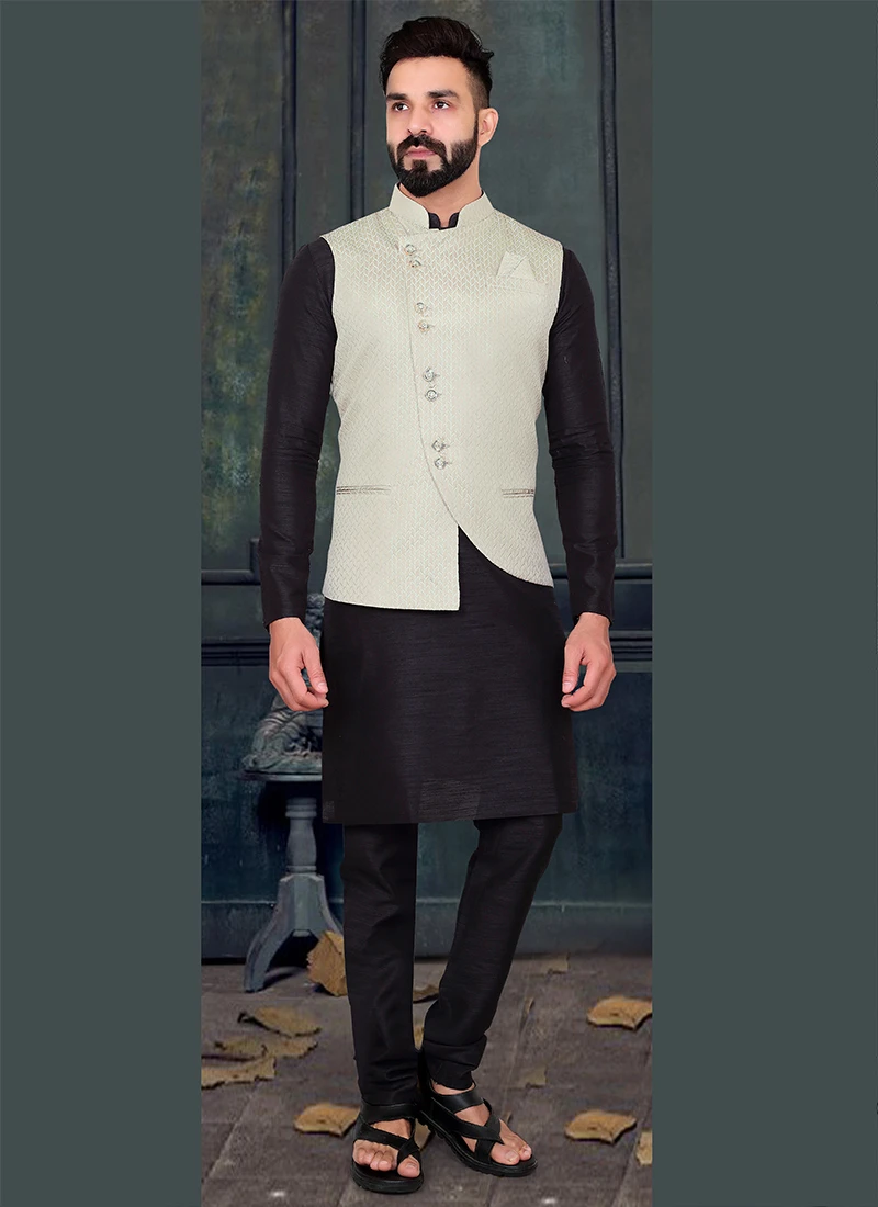 Off White Silk Jacquard Work Nehru Jacket 2 Off White Silk Jacquard Work Nehru Jacket - Image 2