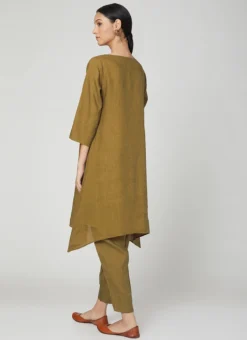 Olive Green Linen Kurta Set Work Wear -Mahra Clothing Shop olive green linen kurta set krsdvcsvts21 b
