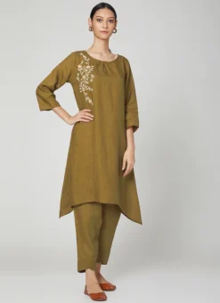 Olive Green Linen Kurta Set Work Wear -Mahra Clothing Shop olive green linen kurta set krsdvcsvts21 u