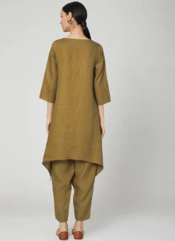 Olive Green Linen Kurta Straight Pant Set Work Wear -Mahra Clothing Shop olive green linen kurta straight pant set krsdvcsvts22 b