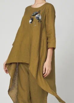 Olive Green Linen Kurta Straight Pant Set Work Wear