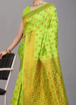 Parrot Green Color Woven Work Silk Saree Festive Wear
