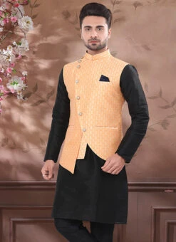 Pastel Orange Jacquard Silk Nehru Jacket -Mahra Clothing Shop pastel orange jacquard silk nehru jacket jmkmdcj523 b