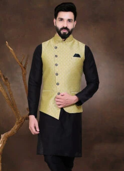 Pastle Yellow Brocade Nehru Jacket -Mahra Clothing Shop pastle yellow brocade nehru jacket jkmdc541 b