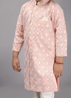Peach Art Silk Embroidered Kids Boys Achkan Sherwani Party Wear