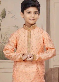 Peach Art Silk Embroidered Kurta Pyjama For Boys Festive Wear -Mahra Clothing Shop peach art silk embroidered kurta pyjama for boys kdbmsgr748 b