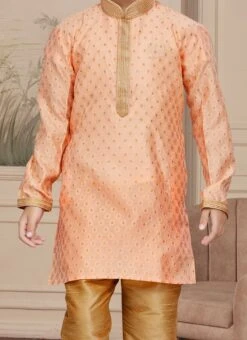 Peach Art Silk Embroidered Kurta Pyjama For Boys Festive Wear