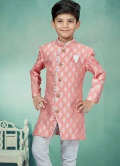 Peach Banarasi Silk Jacquard Indowestern Sherwani Party Wear -Mahra Clothing Shop peach banarasi silk jacquard indowestern sherwani kdbmsgrk543 b
