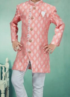 Peach Banarasi Silk Jacquard Indowestern Sherwani Party Wear