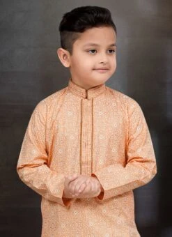 Peach Blended Cotton Printed Kids Boys Kurta Pyjama Festive Wear -Mahra Clothing Shop peach blended cotton printed kids boys kurta pyjama kdbmss6247 b
