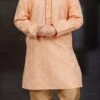 Peach Blended Cotton Printed Kids Boys Kurta Pyjama Festive Wear
